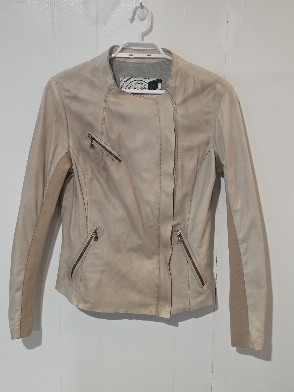 Soft, Buttery Leather Moto Jacket in Light Beige.